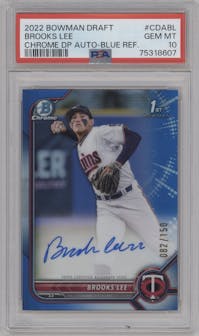 Brooks Lee from the 2022 Bowman Draft set featuring a Blue Refractor parallel graded by PSA and given an overall grade of 10.