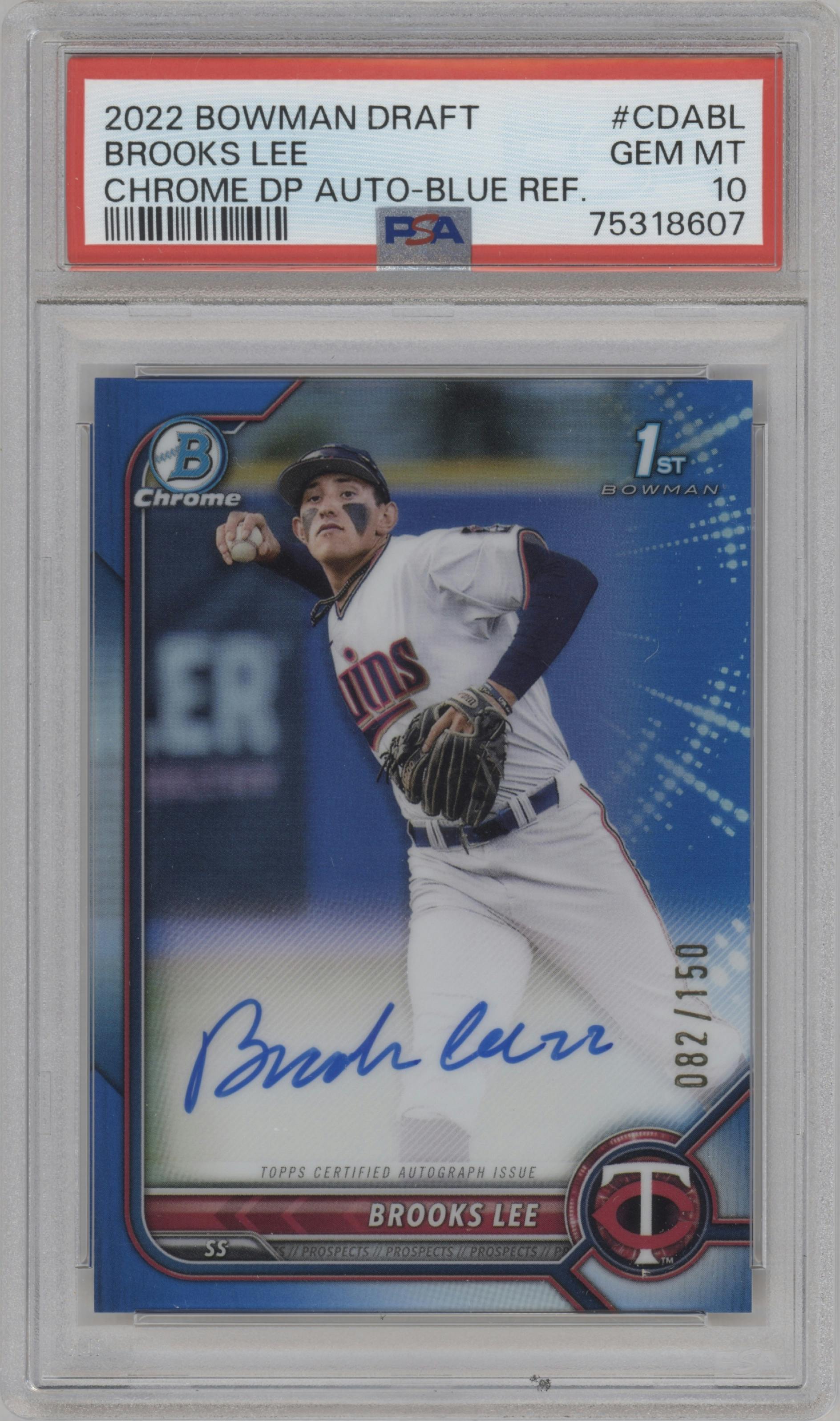 Brooks Lee from the 2022 Bowman Draft set featuring a Blue Refractor parallel graded by PSA and given an overall grade of 10.