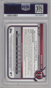 Brooks Lee from the 2022 Bowman Draft set featuring a Blue Refractor parallel graded by PSA and given an overall grade of 10.