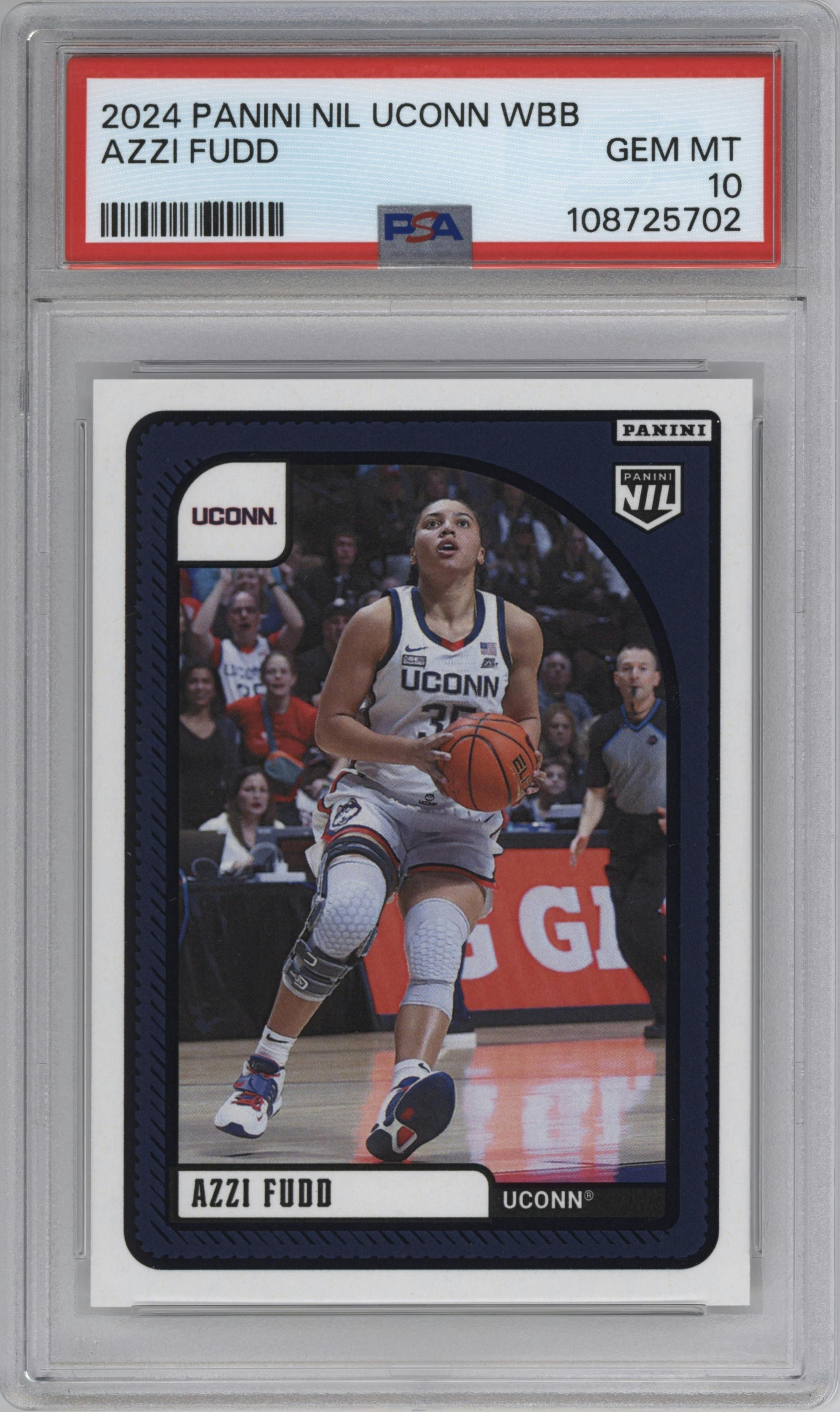 Azzi Fudd from the 2024 Panini NIL set graded by PSA and given an overall grade of 10.