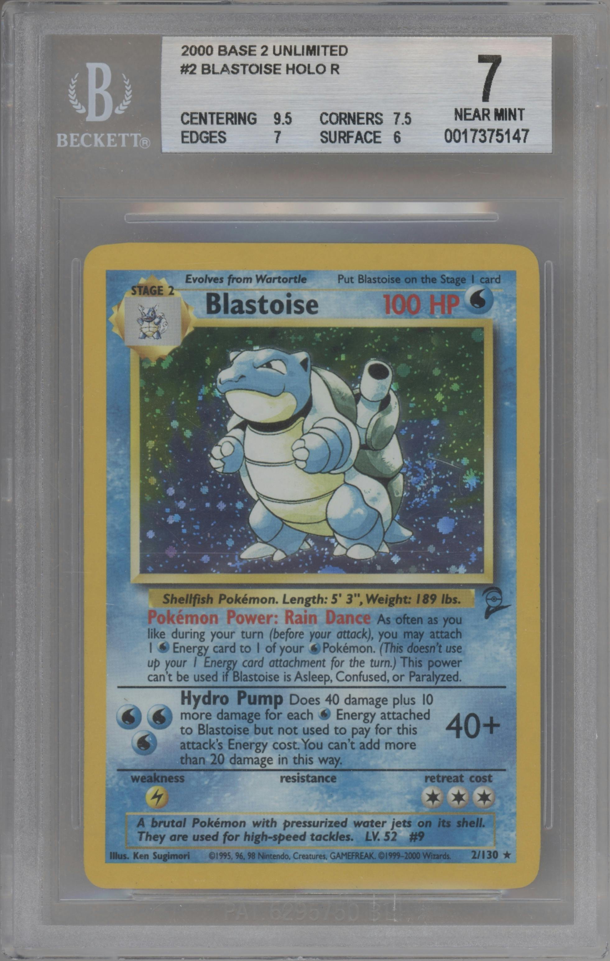 Blastoise from the 2000 Pokemon set graded by Beckett and given an overall grade of 7.