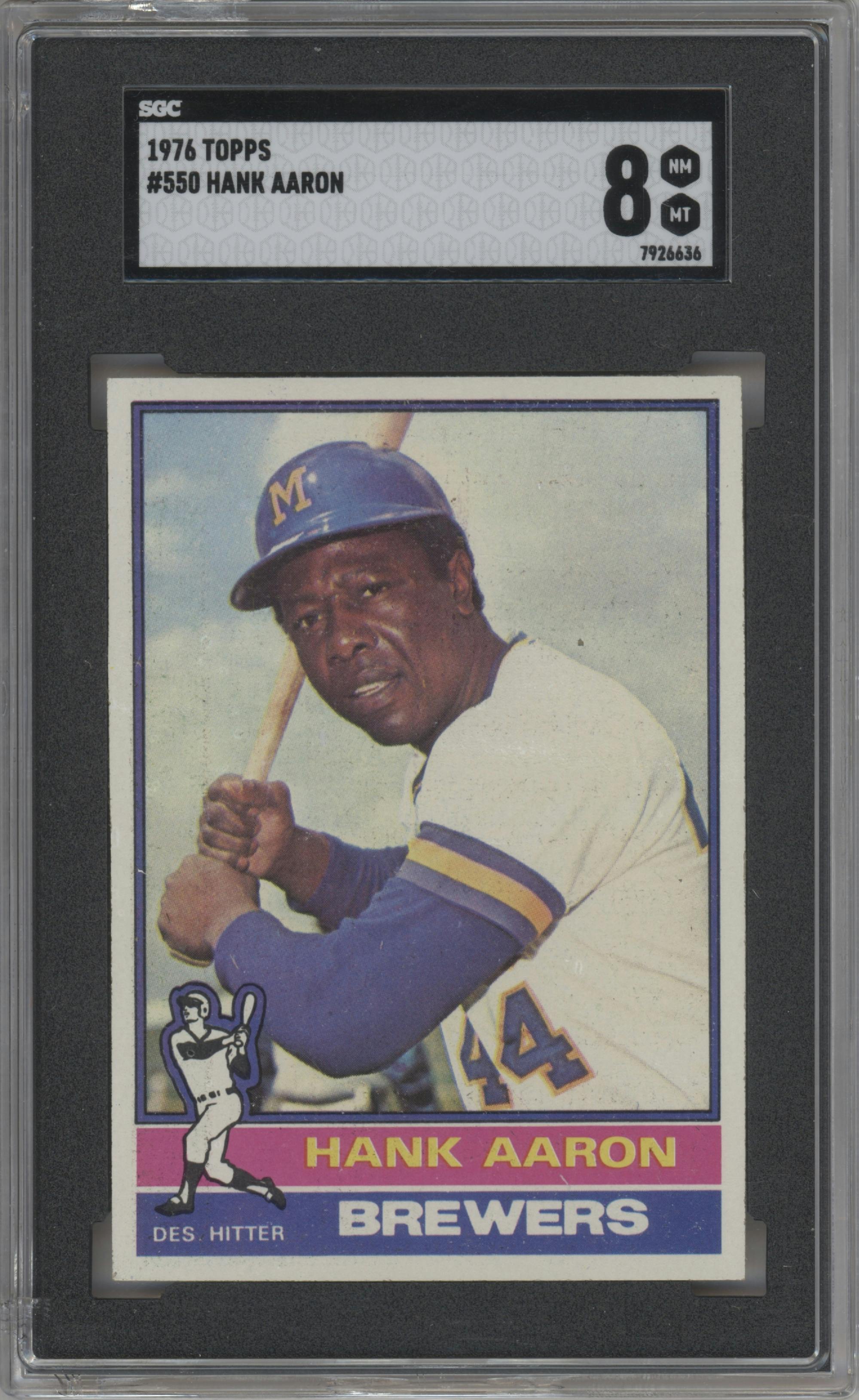 Hank Aaron from the 1976 Topps set graded by SGC and given an overall grade of 8.