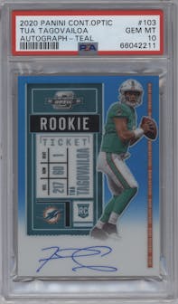 Tua Tagovailoa from the 2020 Panini Contenders Optic set featuring a Teal parallel graded by PSA and given an overall grade of 10.