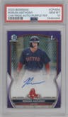 Roman Anthony from the 2023 Bowman  set featuring a Purple Refractor  parallel graded by PSA and given an overall grade of 10.