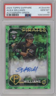 Alika Williams from the 2024 Topps Chrome Sapphire set featuring a Green parallel graded by PSA and given an overall grade of 10.