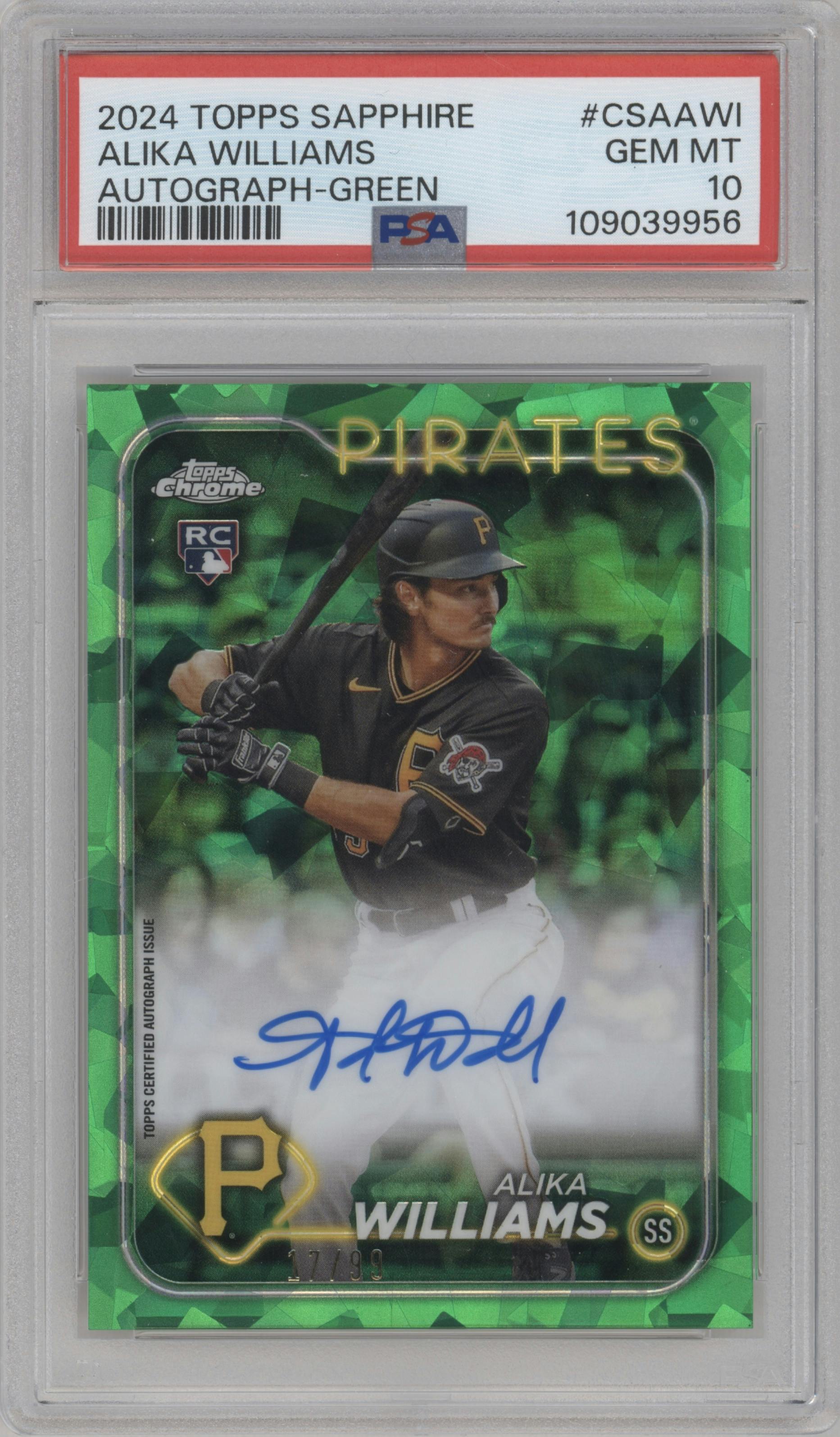 Alika Williams from the 2024 Topps Chrome Sapphire set featuring a Green parallel graded by PSA and given an overall grade of 10.