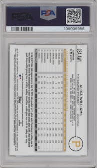 Alika Williams from the 2024 Topps Chrome Sapphire set featuring a Green parallel graded by PSA and given an overall grade of 10.
