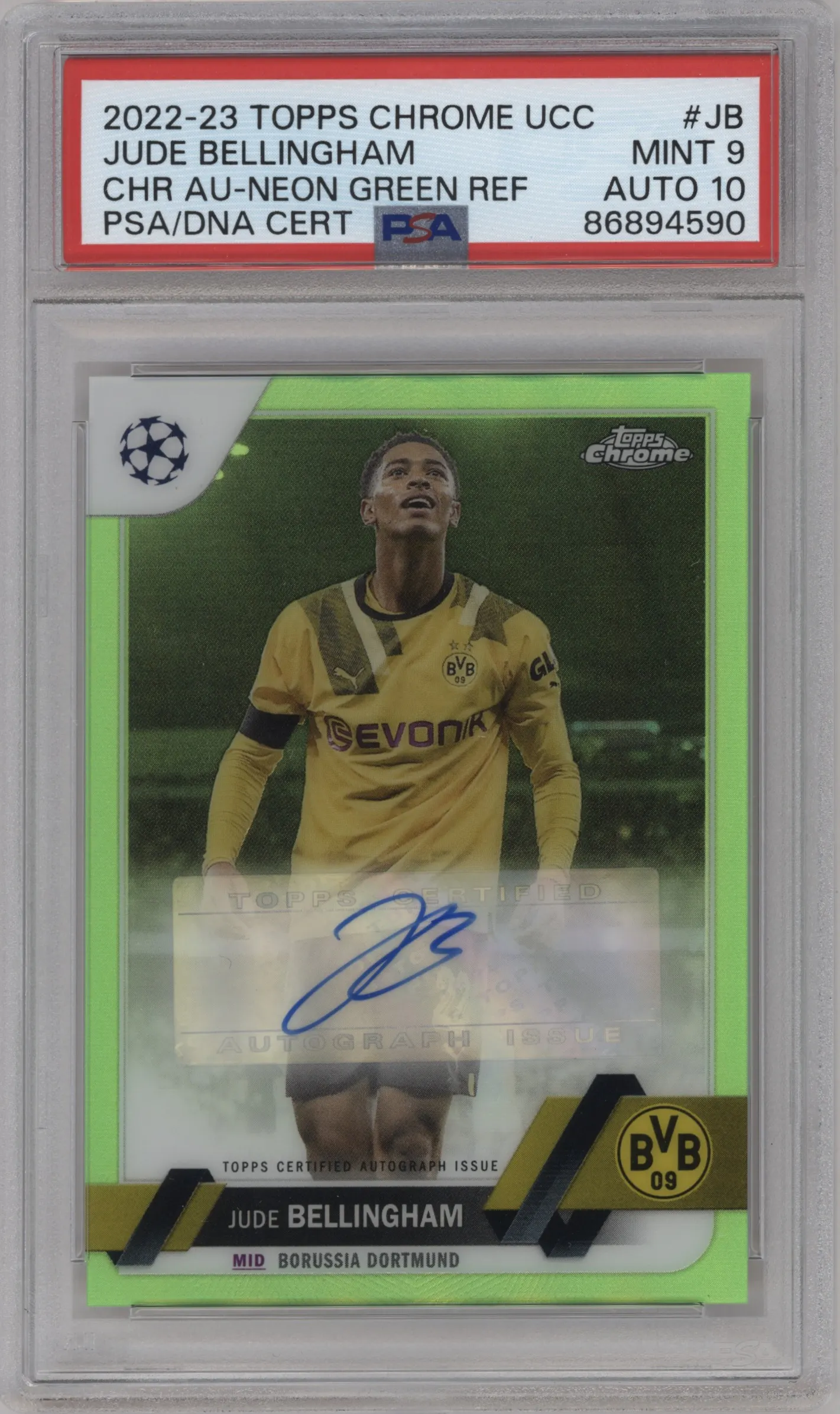 2022 Topps Chrome UEFA Club Competitions Auto Jude Bellingham Neon Green Refractor #CA-JB PSA 9