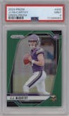 J.J. McCarthy from the 2024 Panini Prizm set featuring a Green Prizm parallel graded by PSA and given an overall grade of 9.