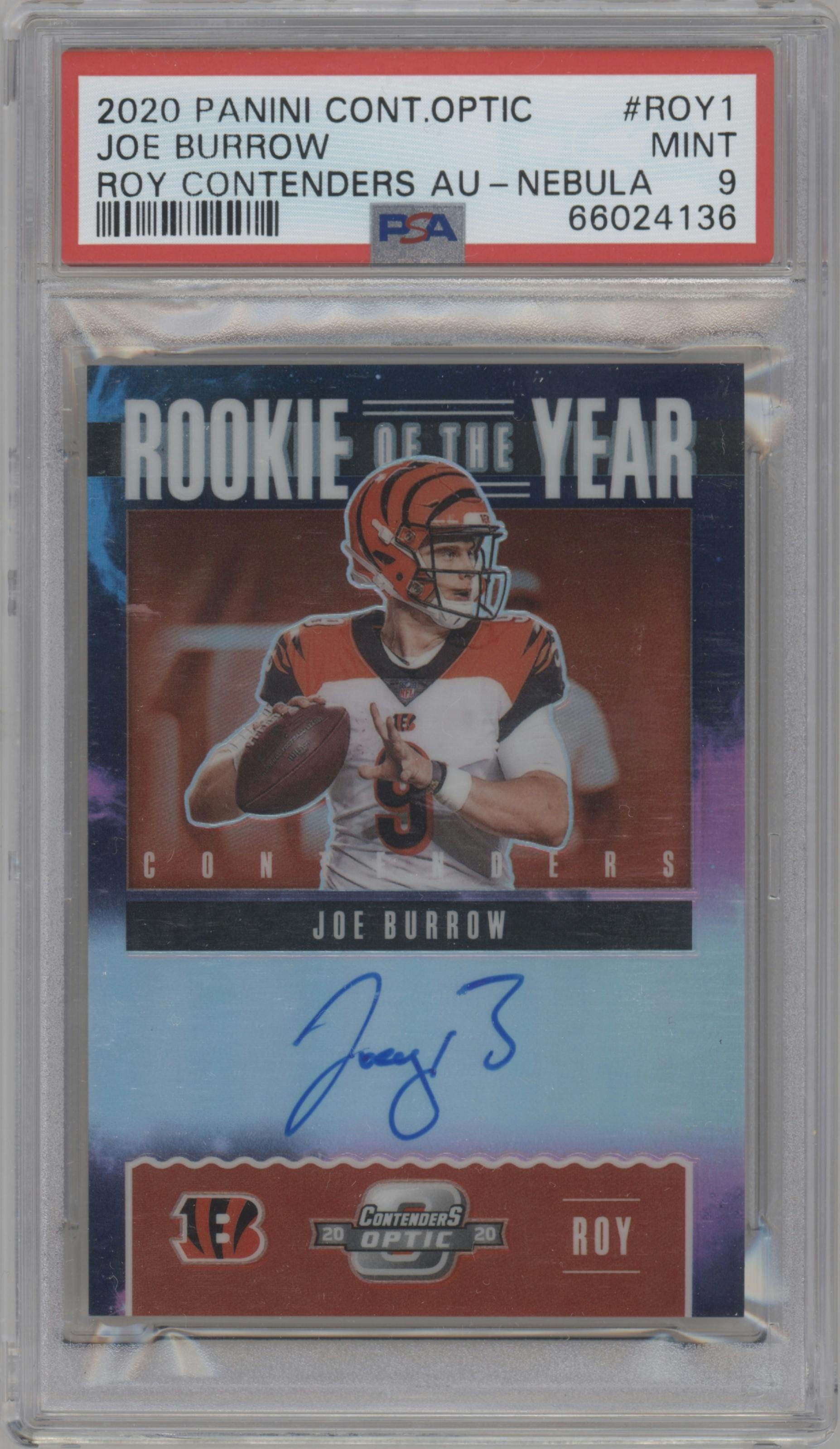 Joe Burrow from the 2020 Panini Contenders Optic set featuring a Nebula parallel graded by PSA and given an overall grade of 9.