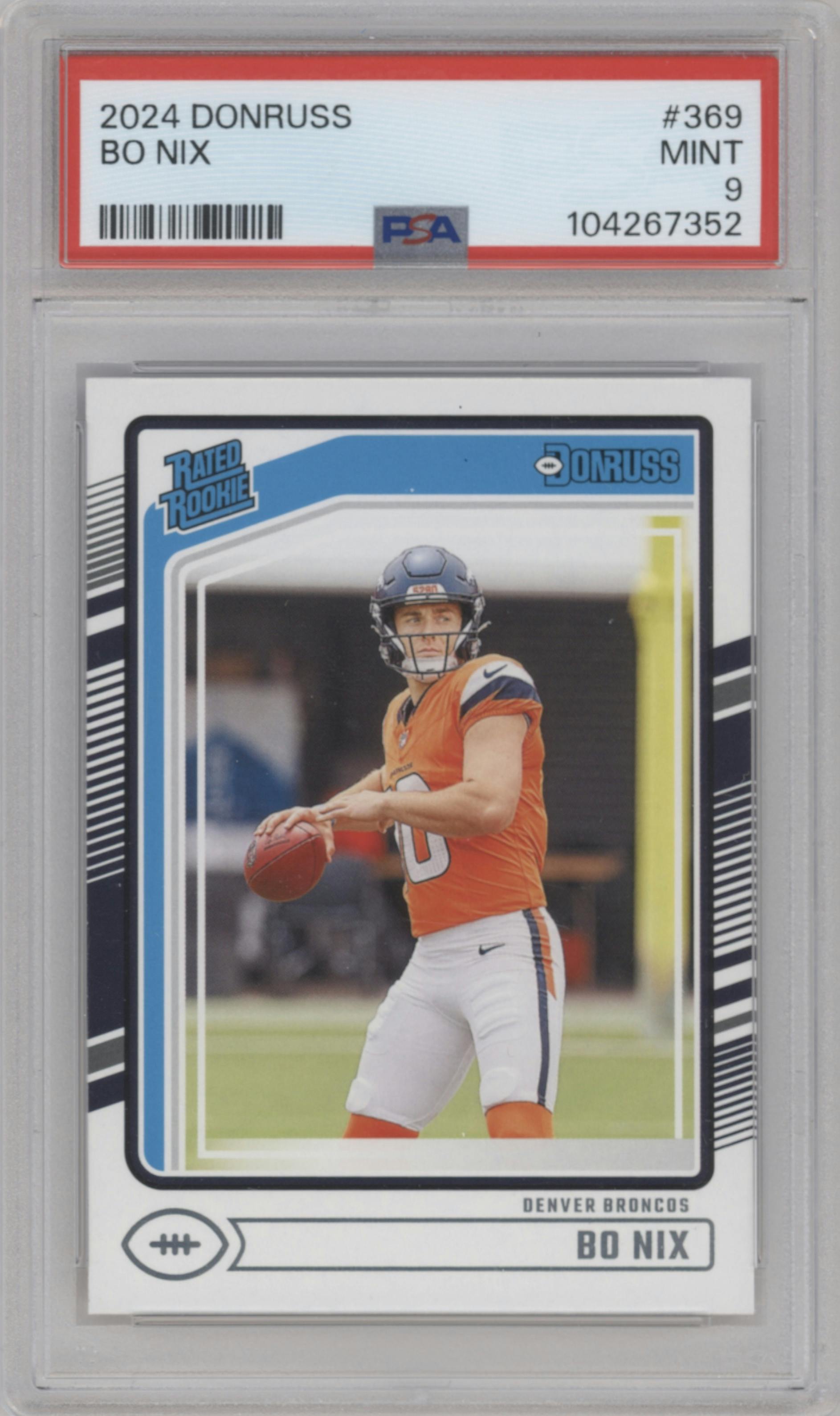 Bo Nix from the 2024 Donruss set graded by PSA and given an overall grade of 9.