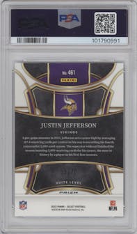 Justin Jefferson from the 2023 Panini Select set featuring a Dragon Scale parallel graded by PSA and given an overall grade of 10.