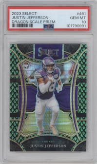 Justin Jefferson from the 2023 Panini Select set featuring a Dragon Scale parallel graded by PSA and given an overall grade of 10.
