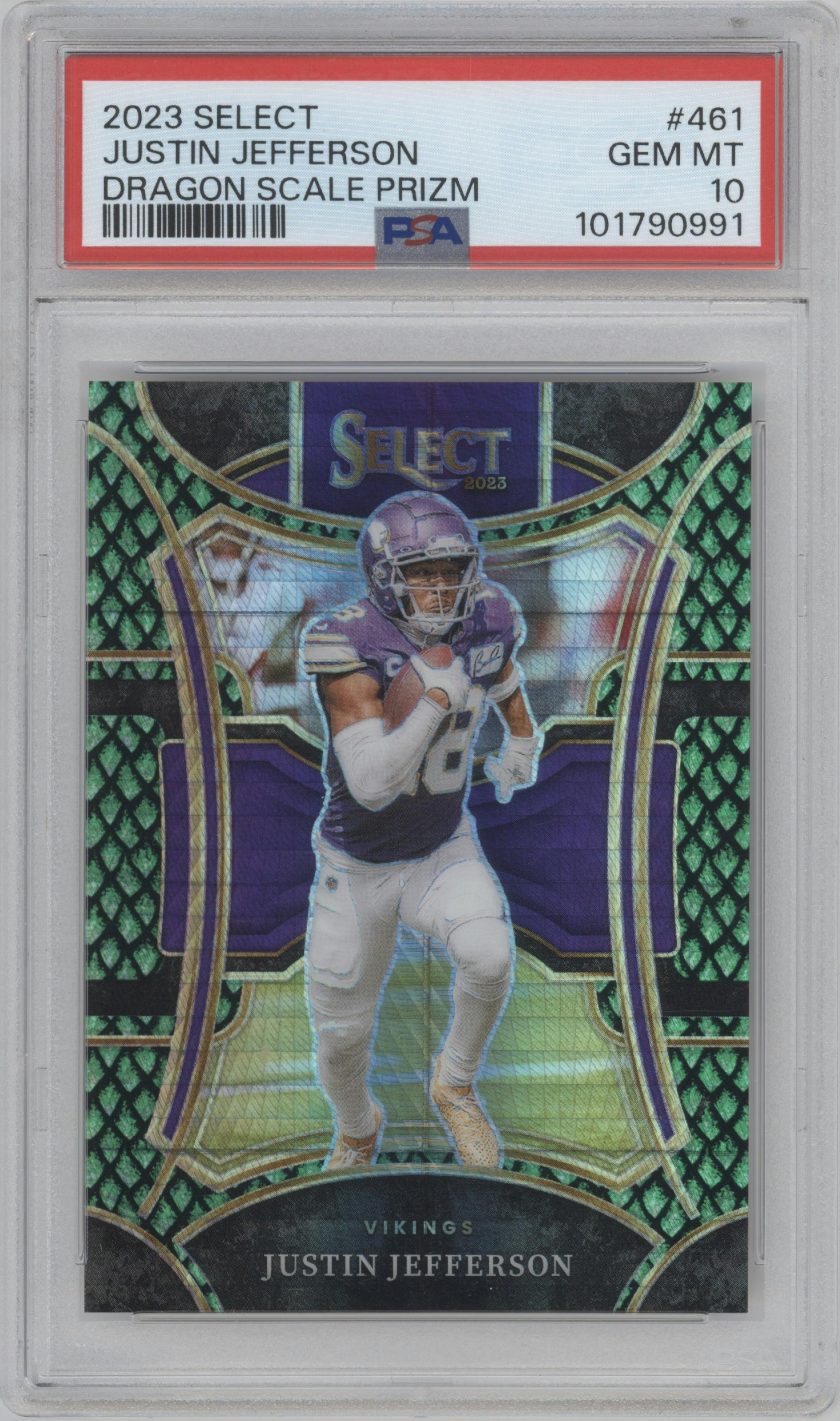 Justin Jefferson from the 2023 Panini Select set featuring a Dragon Scale parallel graded by PSA and given an overall grade of 10.