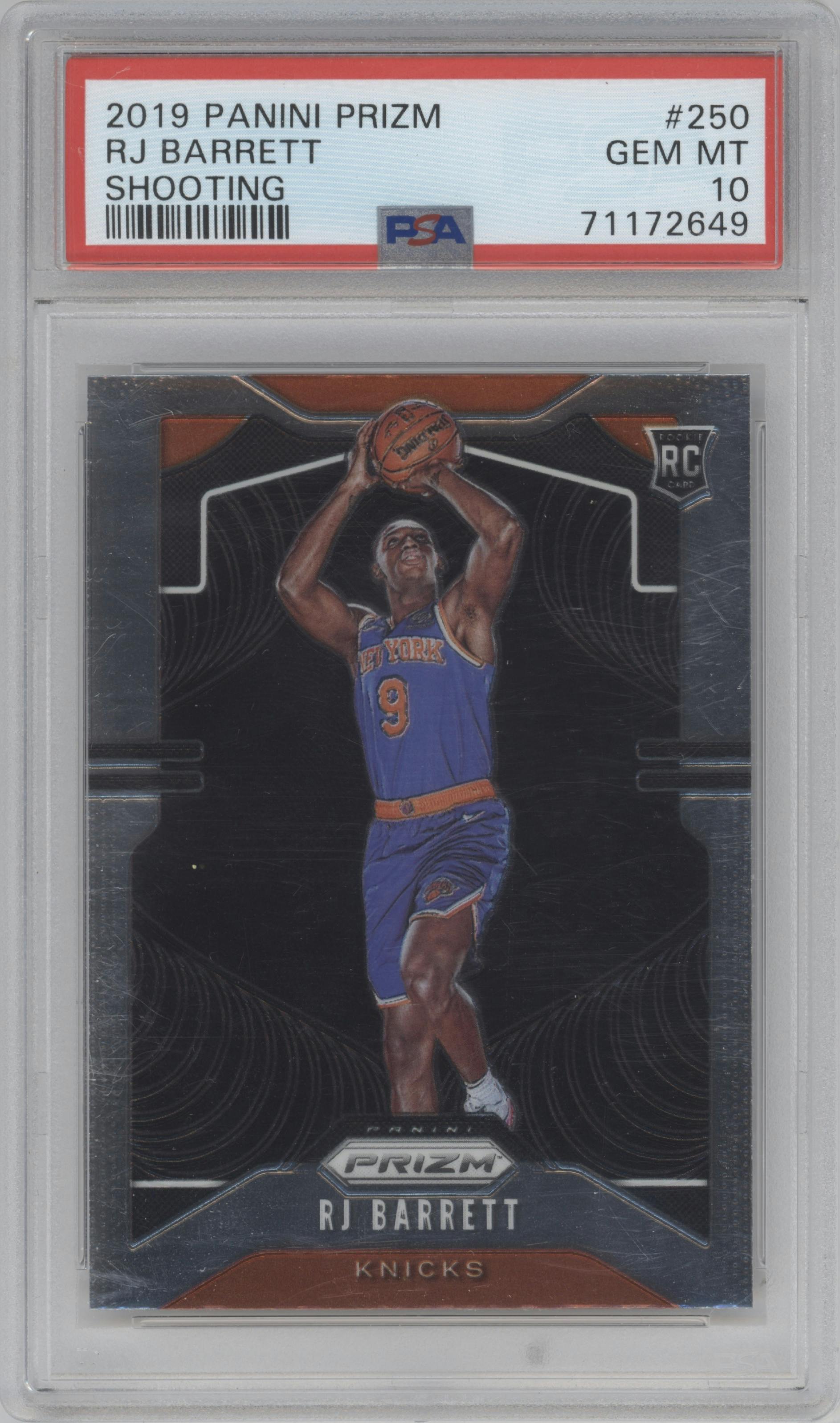RJ Barrett from the 2019-20 Panini Prizm set graded by PSA and given an overall grade of 10.