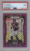 C.J. Stroud from the 2023 Panini Prizm set featuring a Purple Power parallel graded by PSA and given an overall grade of 9.