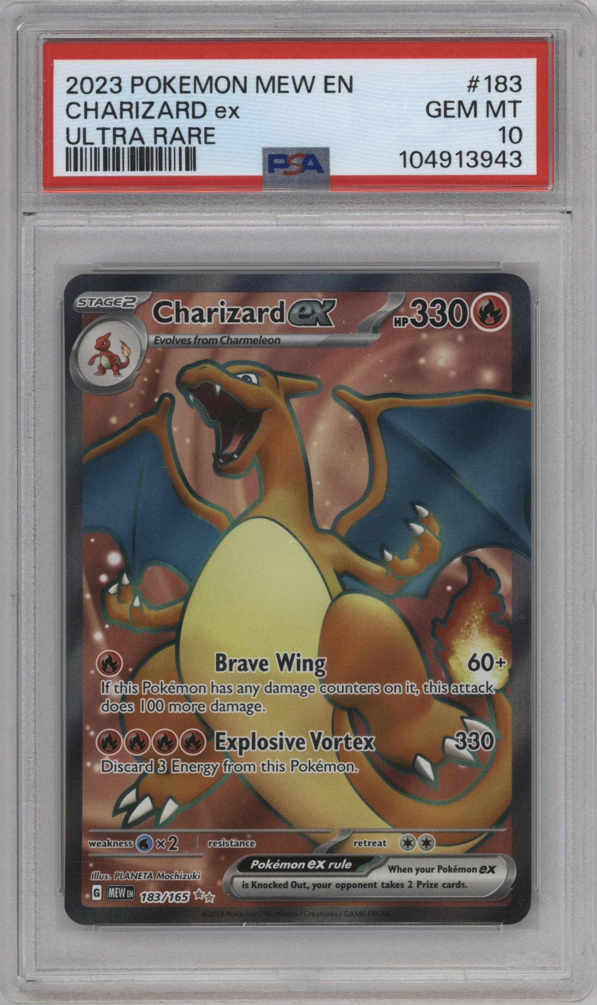 Charizard ex from the 2023 Pokemon SV set graded by PSA and given an overall grade of 10.