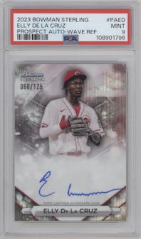  Elly De La Cruz from the 2023 Bowman Sterling set featuring a Wave Refractor parallel graded by PSA and given an overall grade of 9.