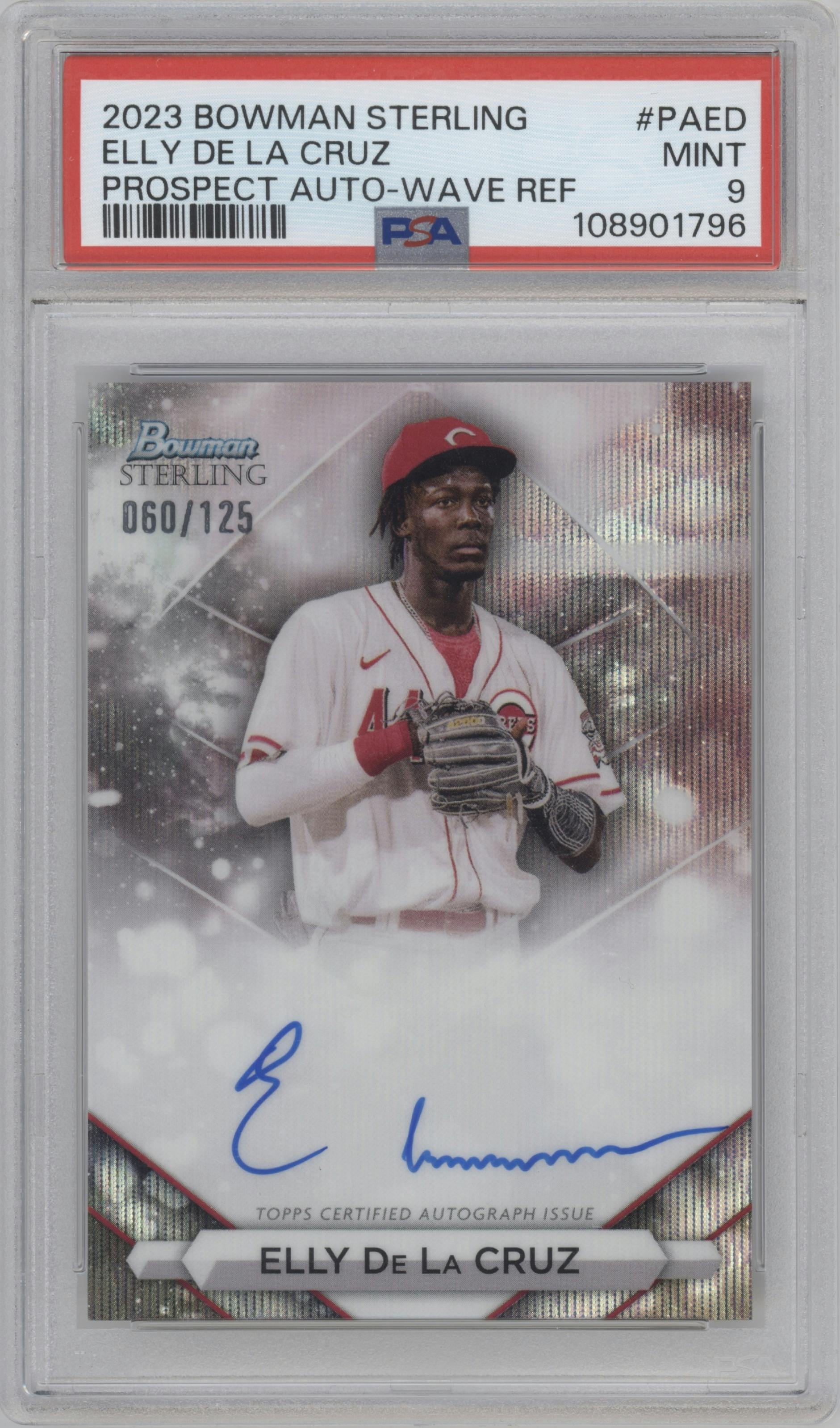  Elly De La Cruz from the 2023 Bowman Sterling set featuring a Wave Refractor parallel graded by PSA and given an overall grade of 9.