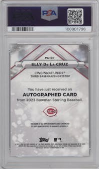  Elly De La Cruz from the 2023 Bowman Sterling set featuring a Wave Refractor parallel graded by PSA and given an overall grade of 9.