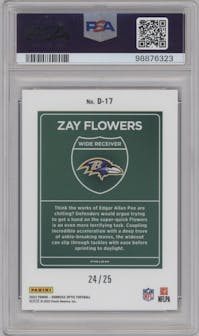 Zay Flowers from the 2023 Donruss Optic set featuring a Black Pandora parallel graded by PSA and given an overall grade of 9.