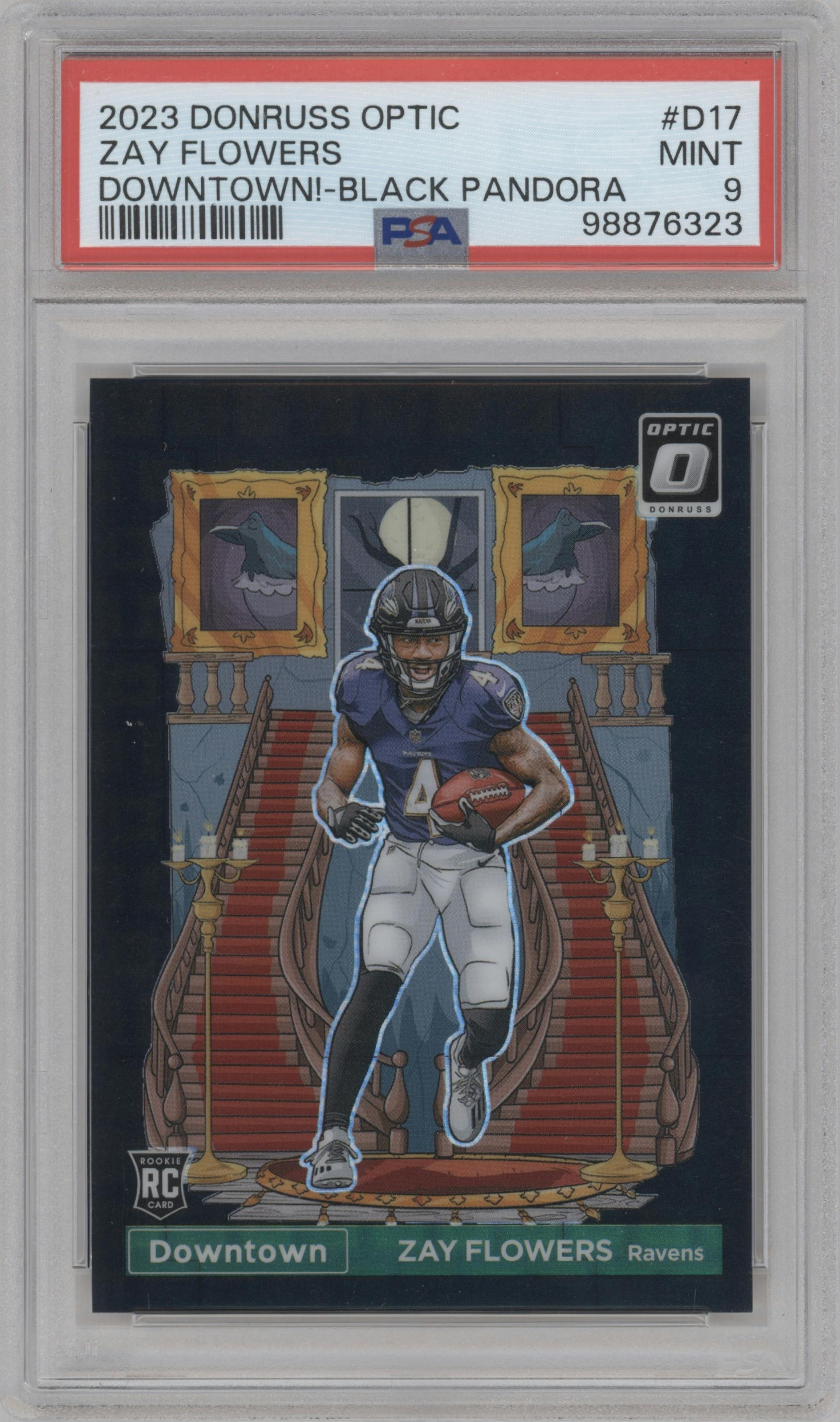 Zay Flowers from the 2023 Donruss Optic set featuring a Black Pandora parallel graded by PSA and given an overall grade of 9.