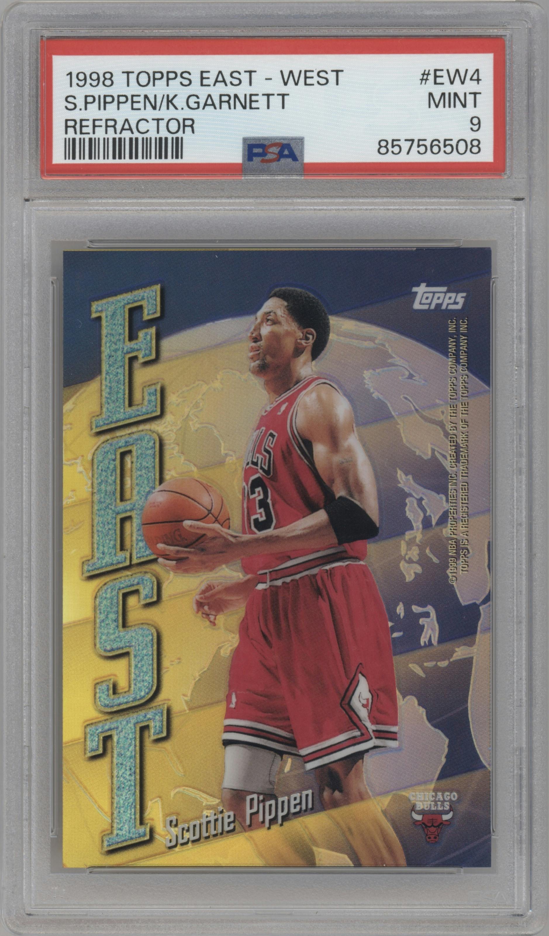 Scottie Pippen/Kevin Garnett from the 1998-99 Topps set featuring a Refractor parallel graded by PSA and given an overall grade of 9.