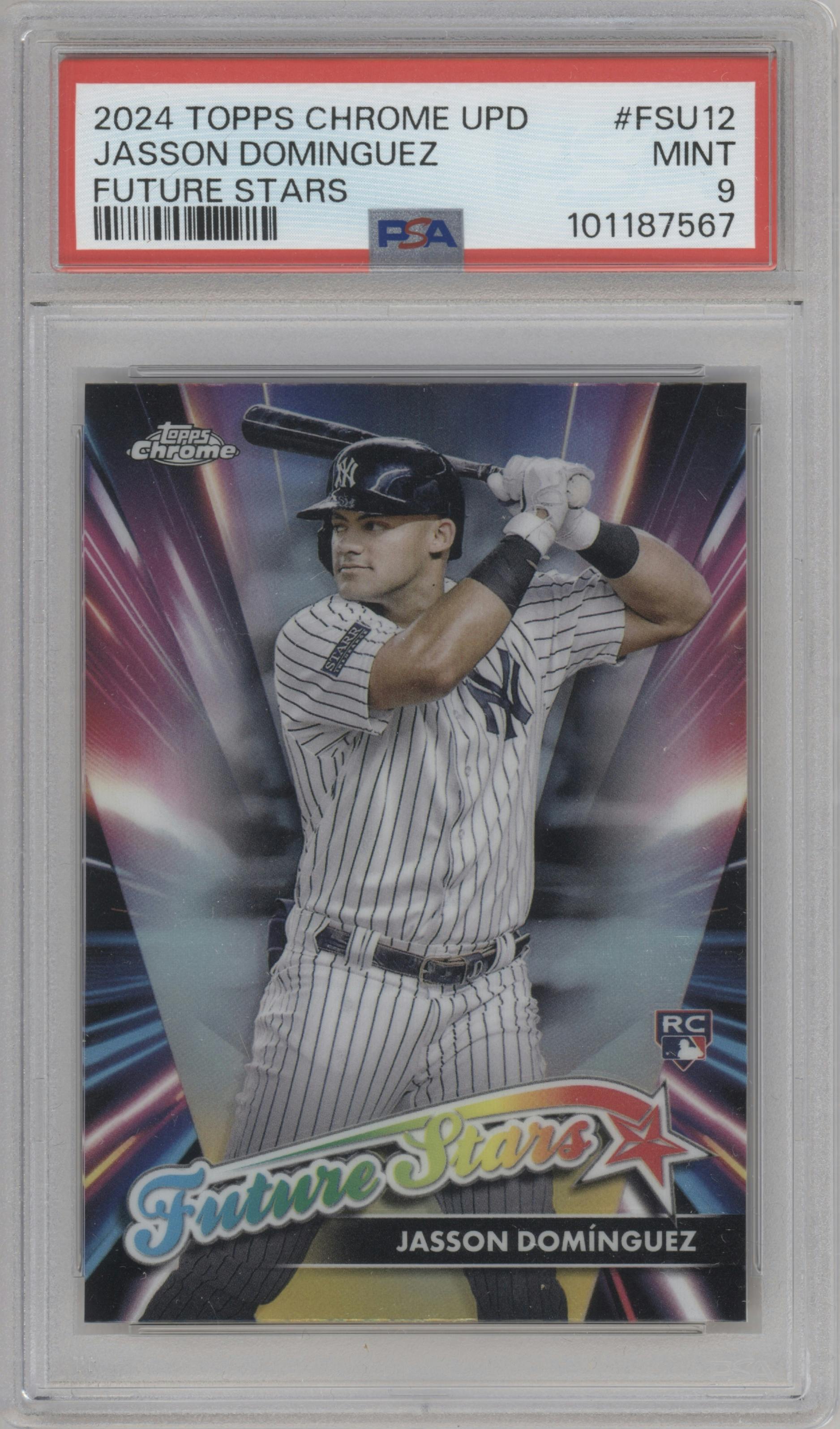 Jasson Dominguez  from the 2024 Topps Chrome Update set graded by PSA and given an overall grade of 9.