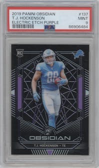 T.J. Hockenson from the 2019 Panini Obsidian set featuring a Electric Etch Purple parallel graded by PSA and given an overall grade of 9.