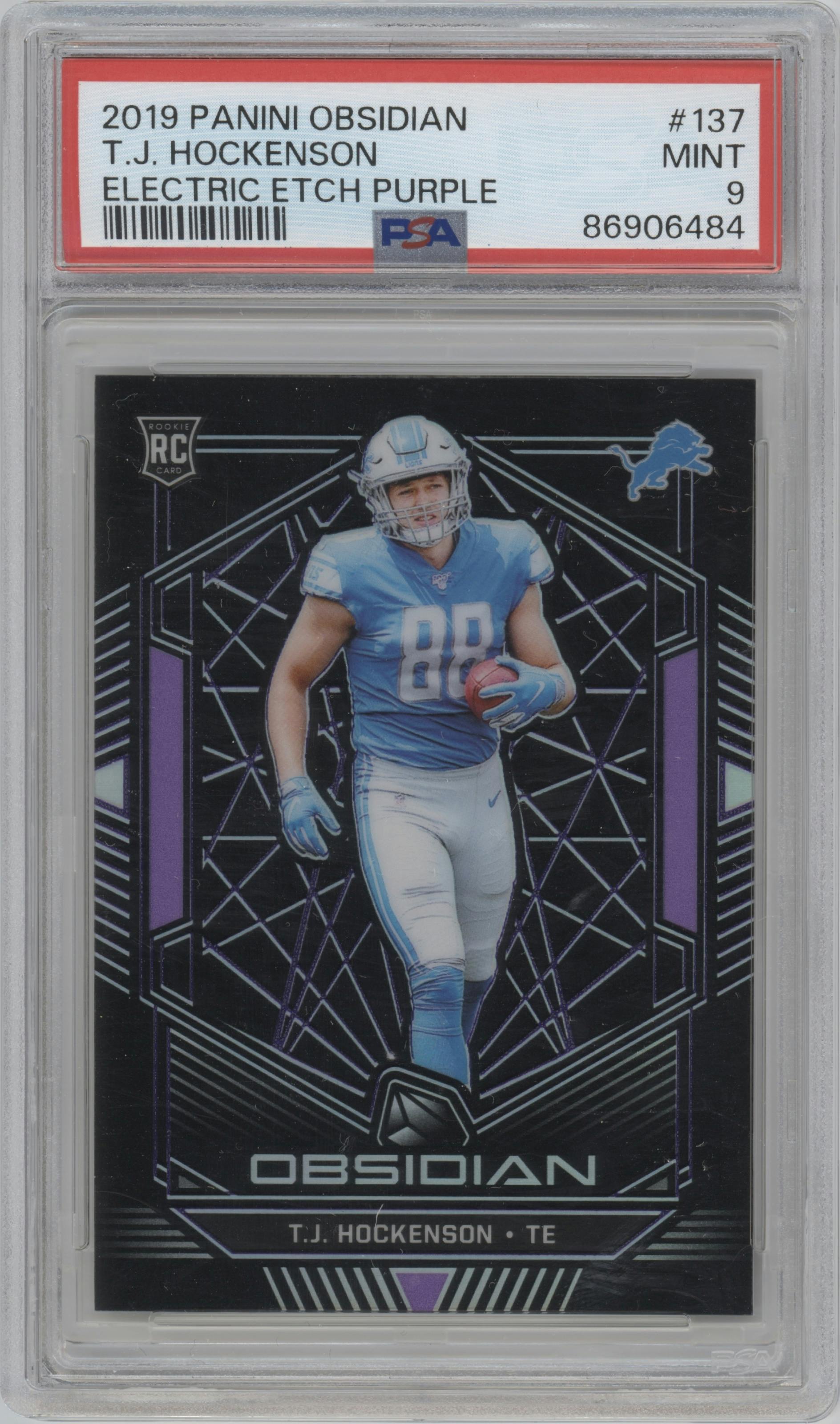 T.J. Hockenson from the 2019 Panini Obsidian set featuring a Electric Etch Purple parallel graded by PSA and given an overall grade of 9.