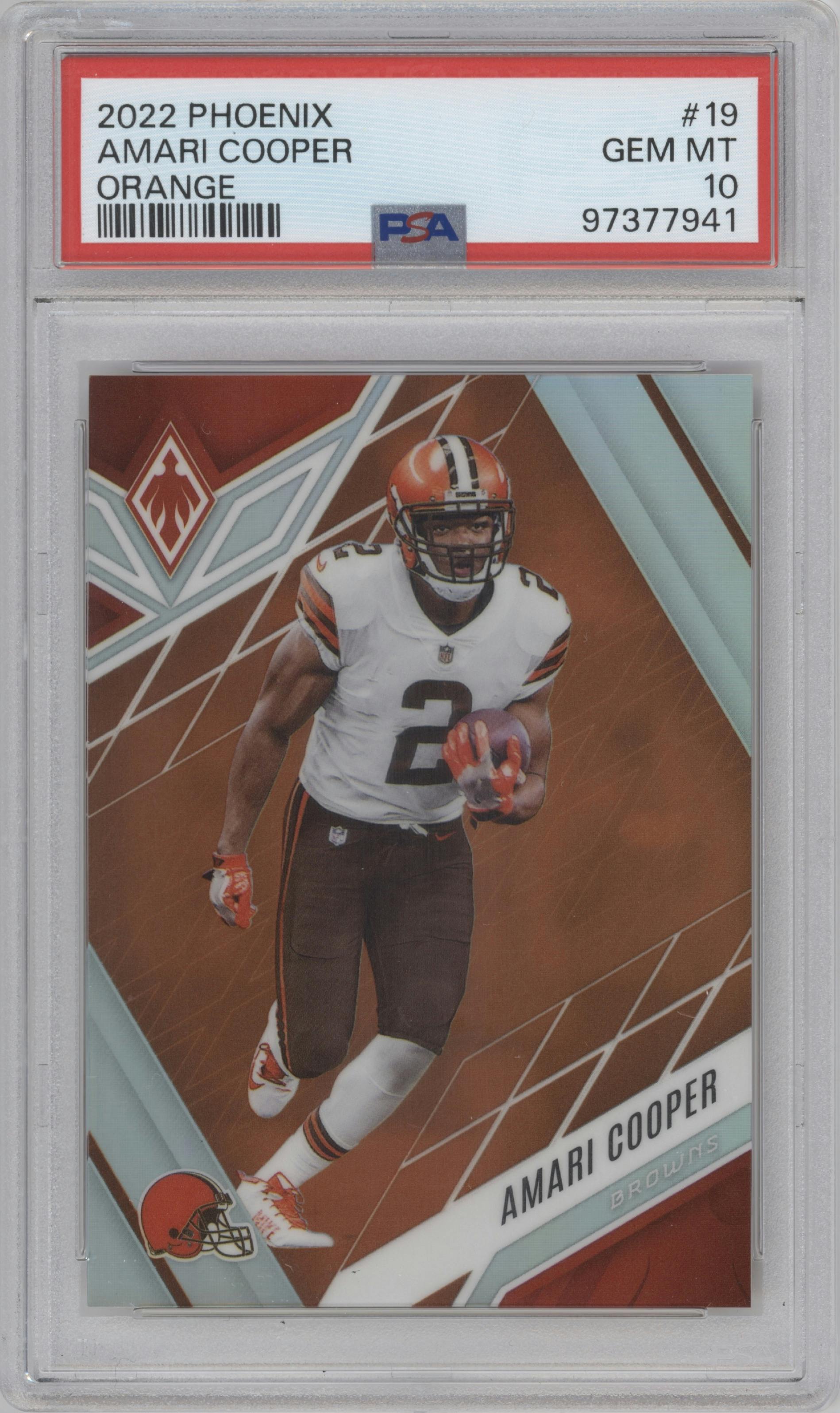 Amari Cooper from the 2022 Panini Phoenix set featuring a Orange parallel graded by PSA and given an overall grade of 10.