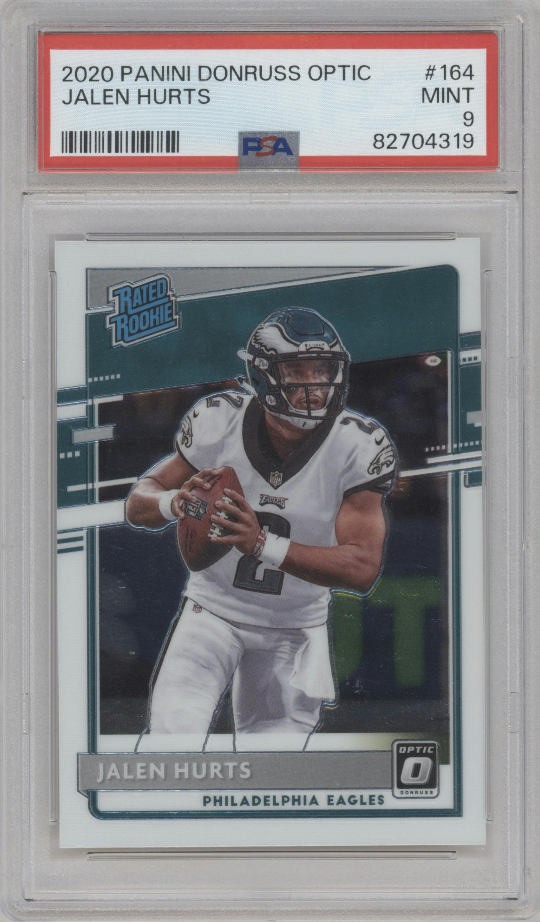 Jalen Hurts from the 2020 Panini Donruss Optic set graded by PSA and given an overall grade of 9.