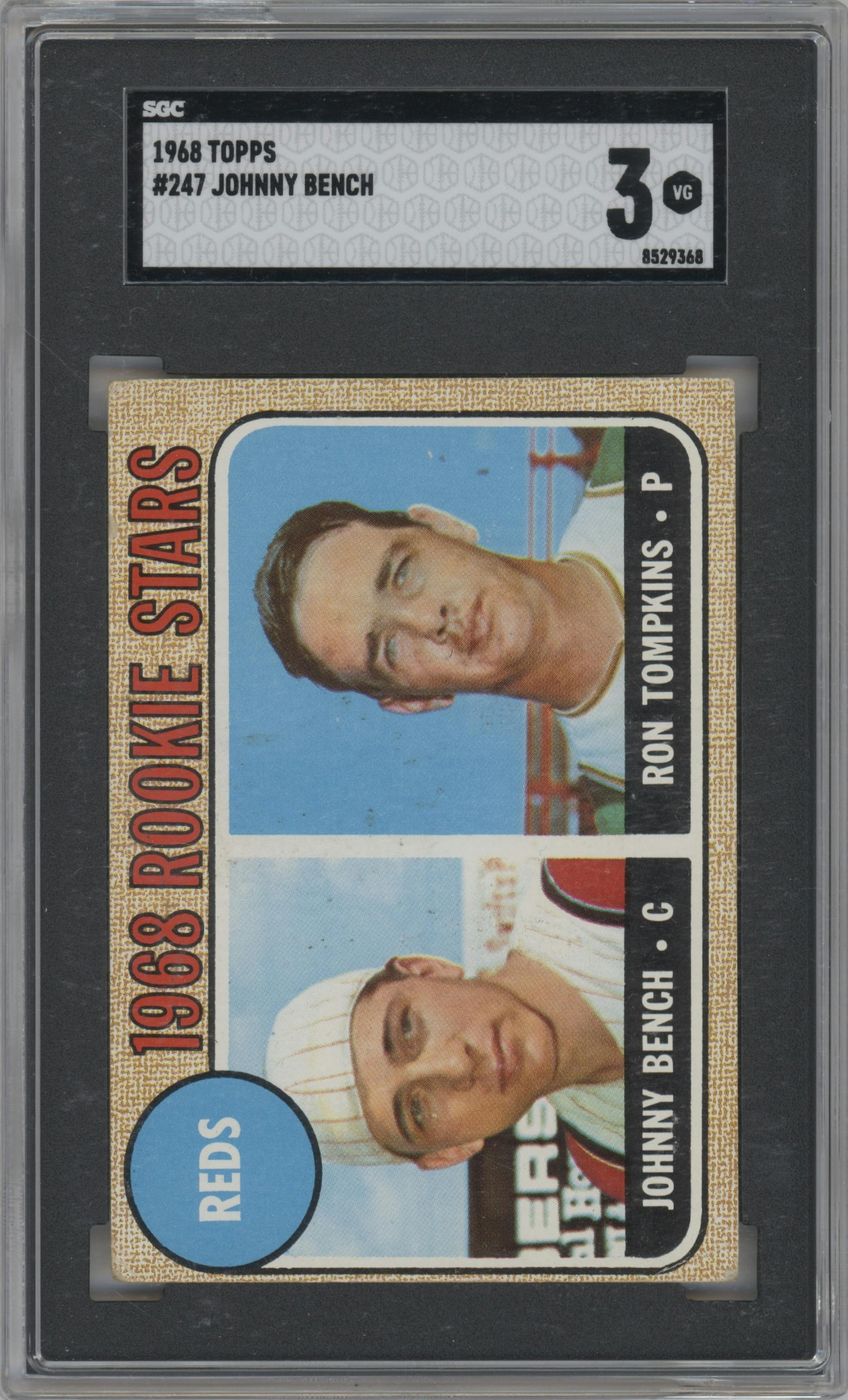 Johnny Bench/Ron Tompkins from the 1968 Topps set graded by SGC and given an overall grade of 3.
