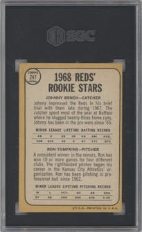 Johnny Bench/Ron Tompkins from the 1968 Topps set graded by SGC and given an overall grade of 3.