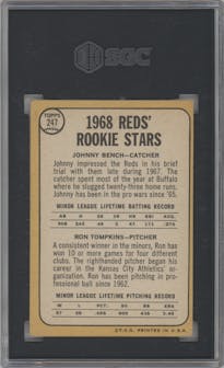 Johnny Bench/Ron Tompkins from the 1968 Topps set graded by SGC and given an overall grade of 3.