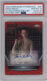 Daisy Ridley as Rey from the 2024 Topps Star Wars: Hyperspace set featuring a Red Hyperlanes Refractor parallel graded by PSA and given an overall grade of 10.
