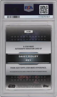 Daisy Ridley as Rey from the 2024 Topps Star Wars: Hyperspace set featuring a Red Hyperlanes Refractor parallel graded by PSA and given an overall grade of 10.