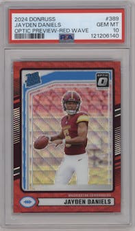 Jayden Daniels from the 2024 Donruss set featuring a Red Wave parallel graded by PSA and given an overall grade of 10.