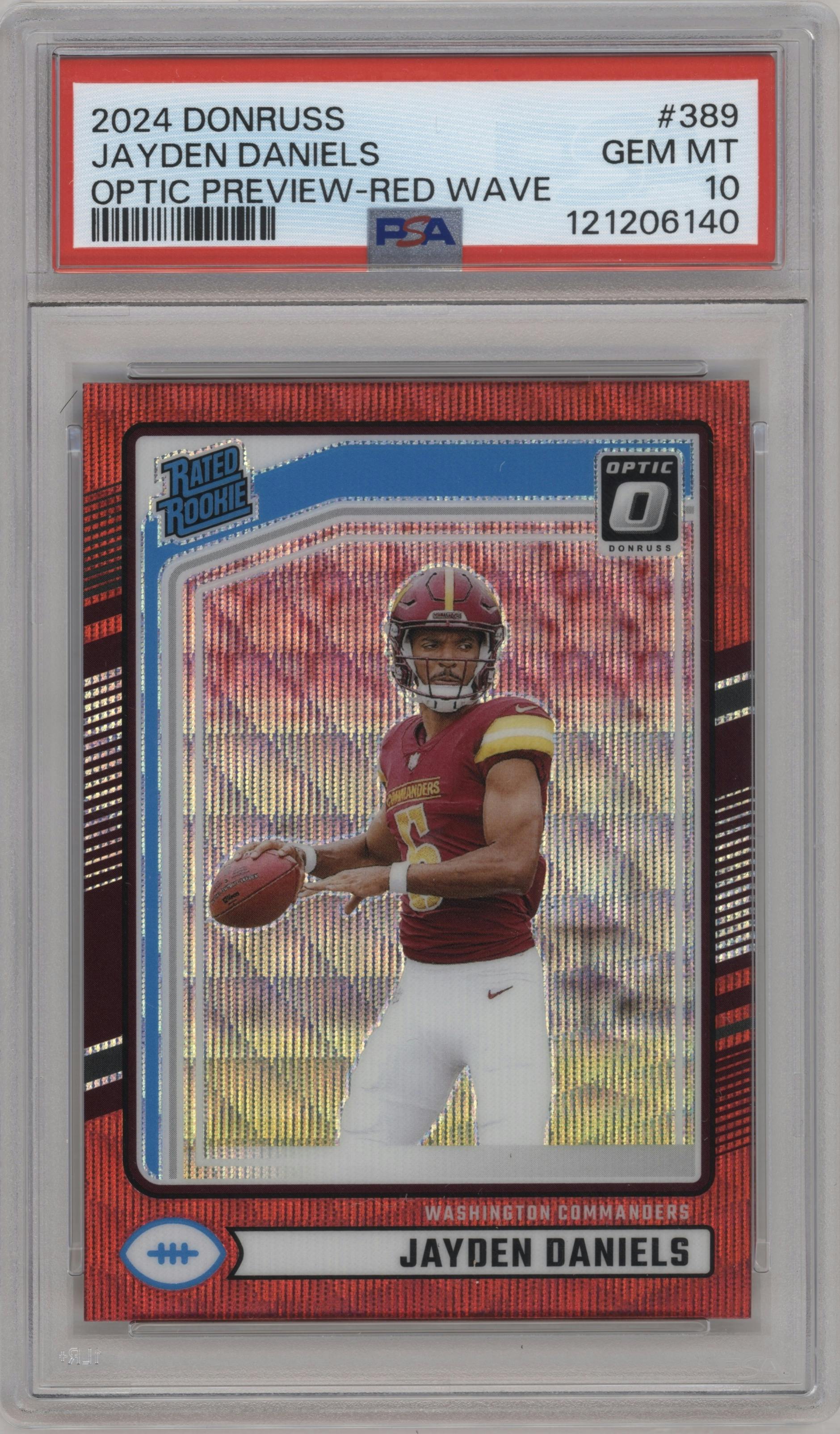 Jayden Daniels from the 2024 Donruss set featuring a Red Wave parallel graded by PSA and given an overall grade of 10.
