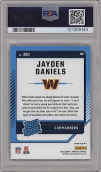 Jayden Daniels from the 2024 Donruss set featuring a Red Wave parallel graded by PSA and given an overall grade of 10.