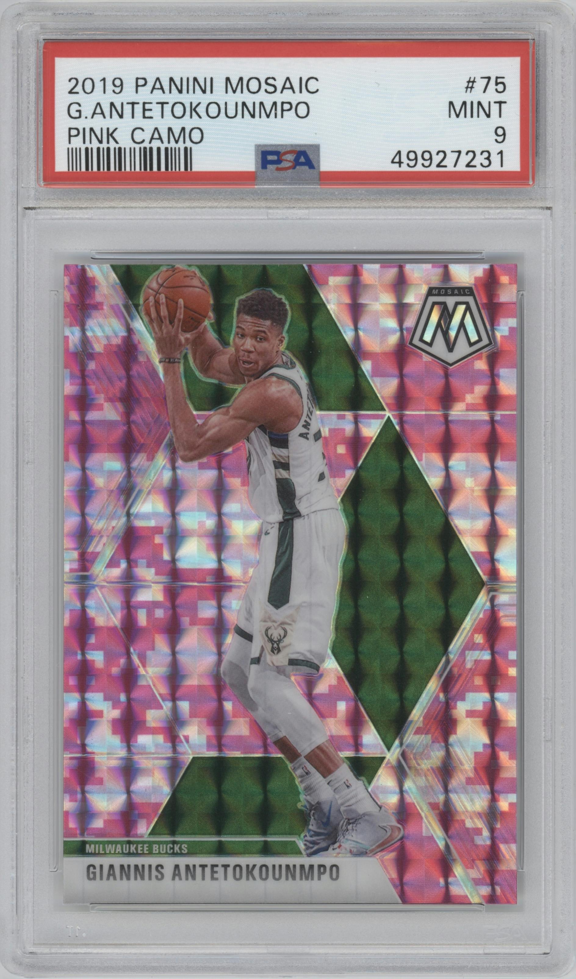 Giannis Antetokounmpo from the 2019-20 Panini Mosaic  set featuring a Pink Camo parallel graded by PSA and given an overall grade of 9.