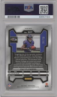 Zay Flowers  from the 2023 Panini Prizm set featuring a Blue Ice parallel graded by PSA and given an overall grade of 10.