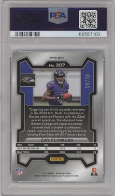 Zay Flowers  from the 2023 Panini Prizm set featuring a Blue Ice parallel graded by PSA and given an overall grade of 10.