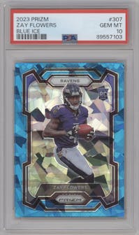 Zay Flowers  from the 2023 Panini Prizm set featuring a Blue Ice parallel graded by PSA and given an overall grade of 10.
