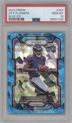 Zay Flowers  from the 2023 Panini Prizm set featuring a Blue Ice parallel graded by PSA and given an overall grade of 10.