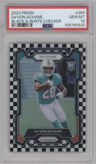 De'Von Achane from the 2023 Panini Prizm set featuring a Black/White Checker parallel graded by PSA and given an overall grade of 10.