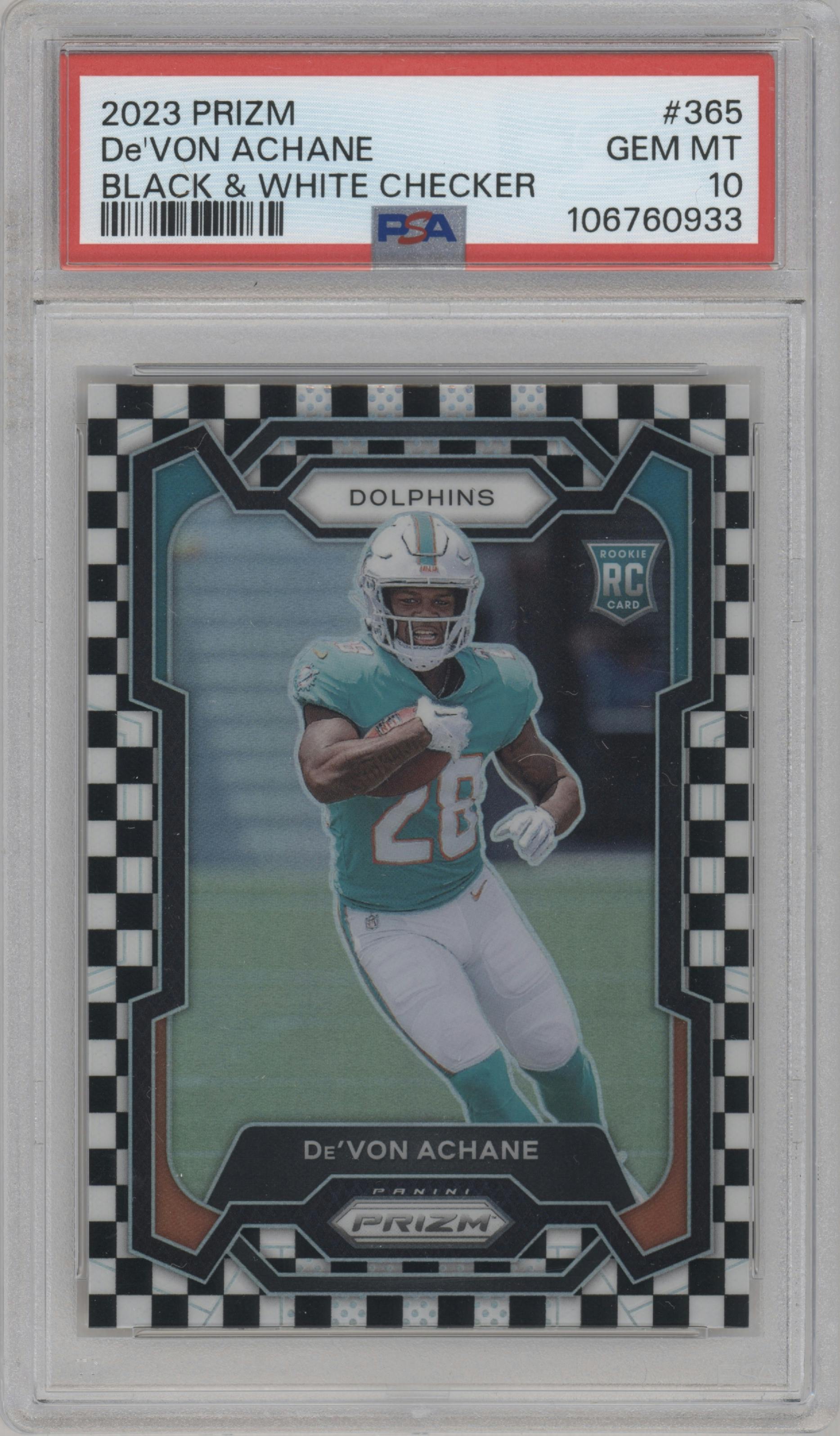 De'Von Achane from the 2023 Panini Prizm set featuring a Black/White Checker parallel graded by PSA and given an overall grade of 10.