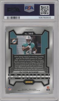 De'Von Achane from the 2023 Panini Prizm set featuring a Black/White Checker parallel graded by PSA and given an overall grade of 10.