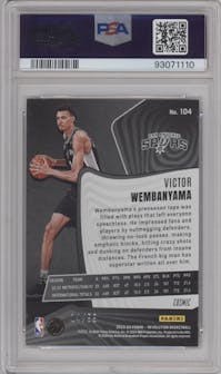 Victor Wembanyama from the 2023-24 Panini Revolution set featuring a Cosmic parallel graded by PSA and given an overall grade of 8.