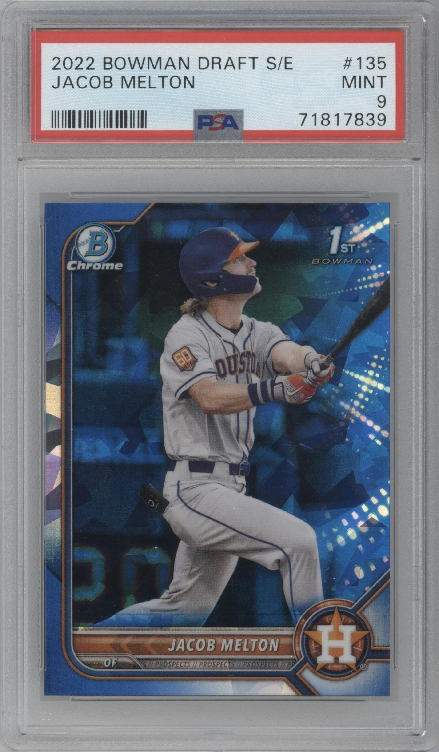 Jacob Melton from the 2022 Bowman Draft Sapphire Edition set graded by PSA and given an overall grade of 9.